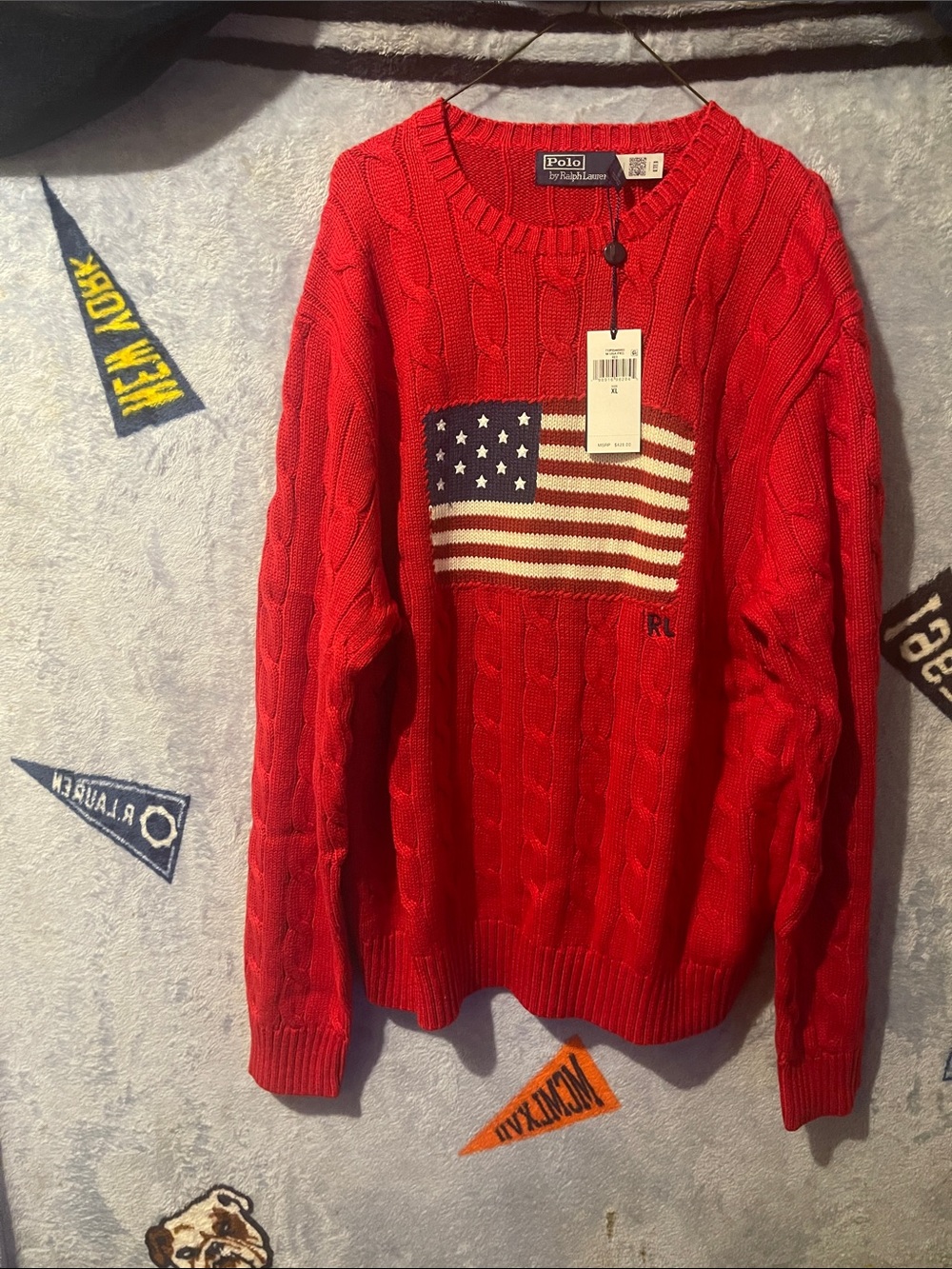 Polo by Ralph Lauren Red Cable-Knit Sweater with American Flag